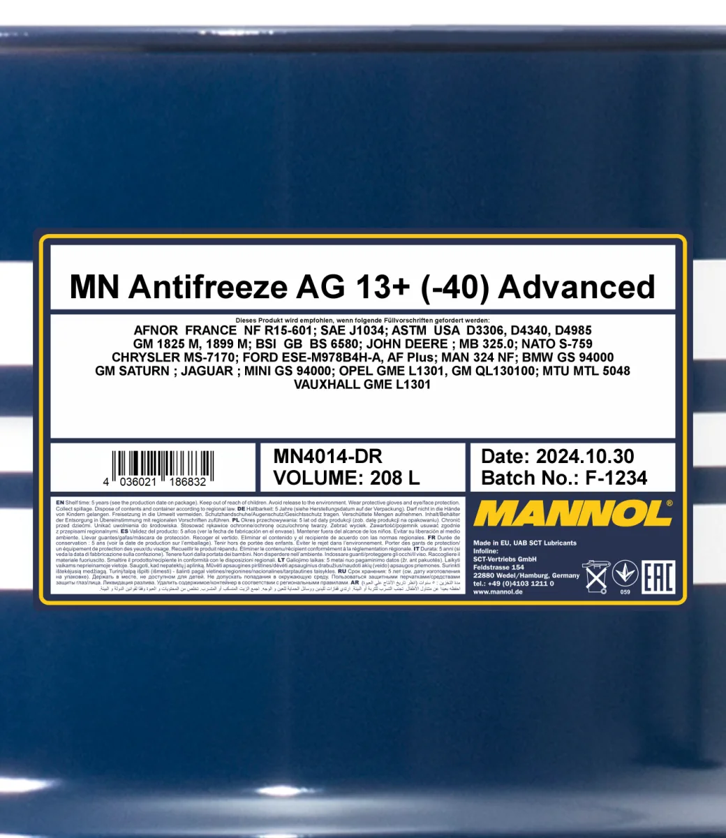 MANNOL Antifreeze AG13+ (-40 C) Advanced 4014 208L product image 2