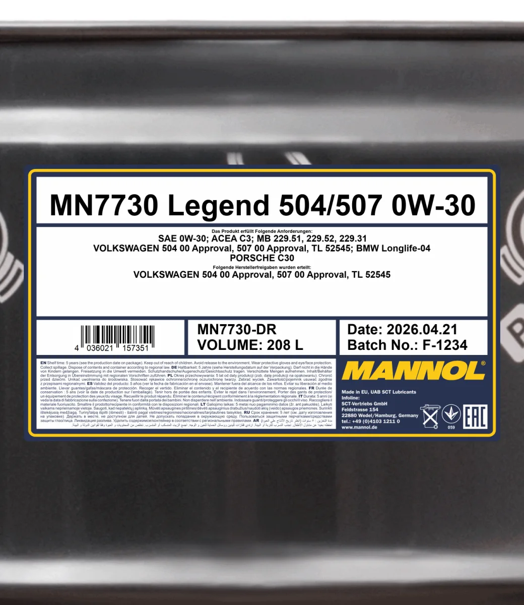 MANNOL Legend 504/507 0W-30 7730 208L product image 2