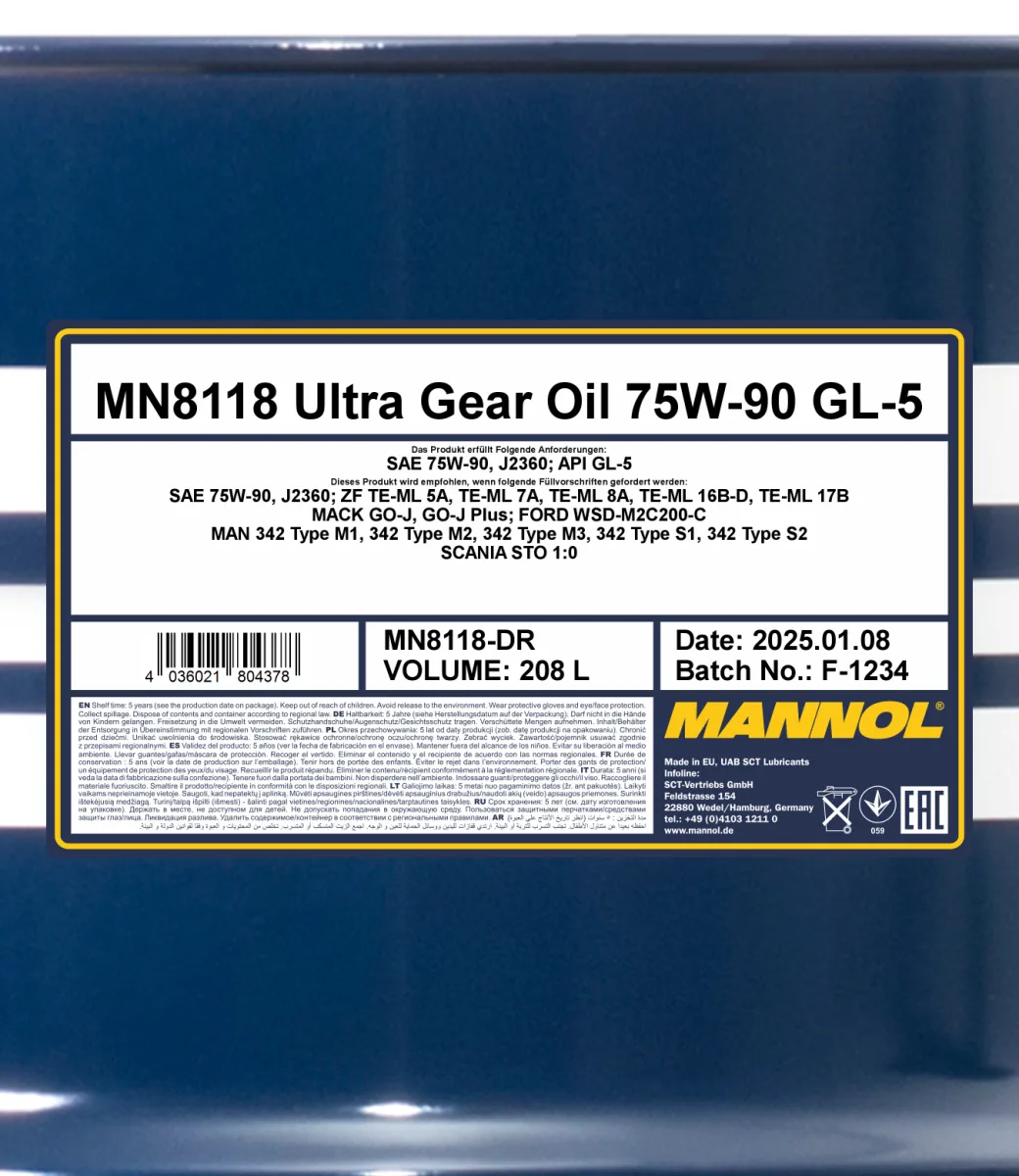 MANNOL Ultra Gear Oil 75W-90 GL-5 8118 208L product image 2